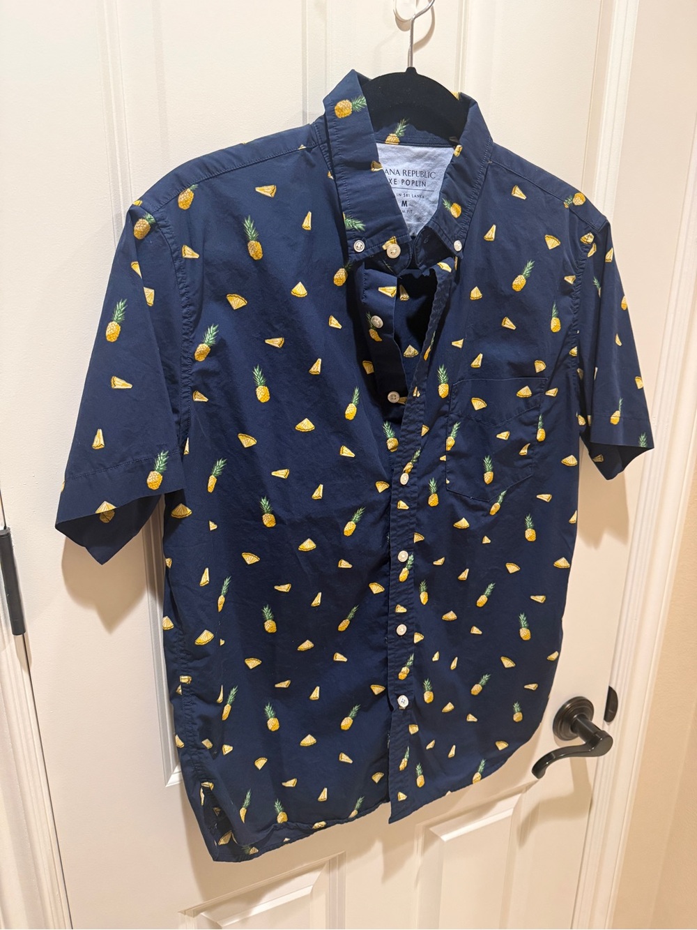 Banana Republic Navy Short-Sleeve Button-Up with Pineapple Print